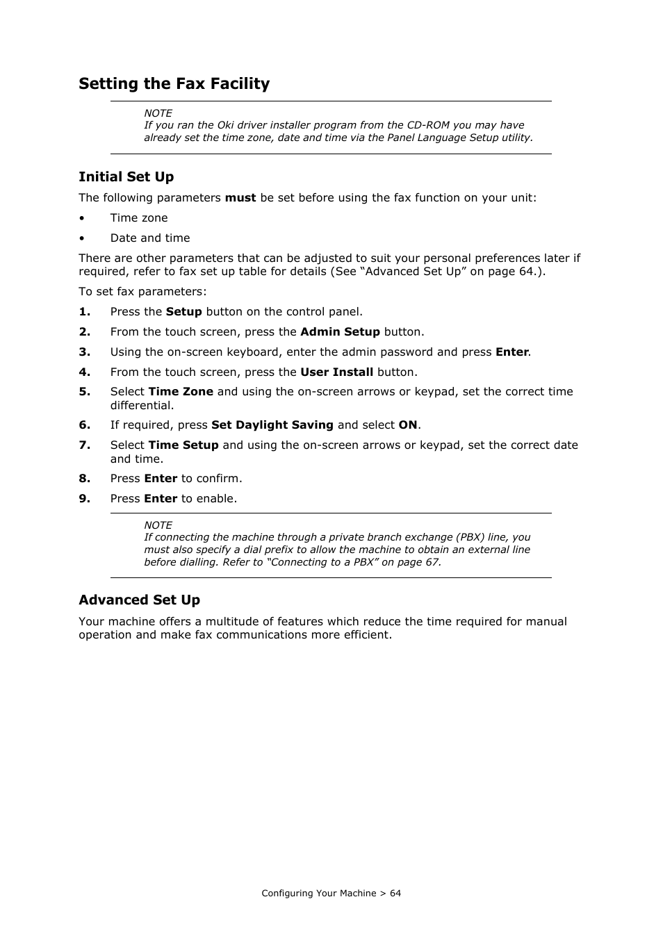 Setting the fax facility, Initial set up, Advanced set up | Oki MC860n MFP User Manual | Page 64 / 180
