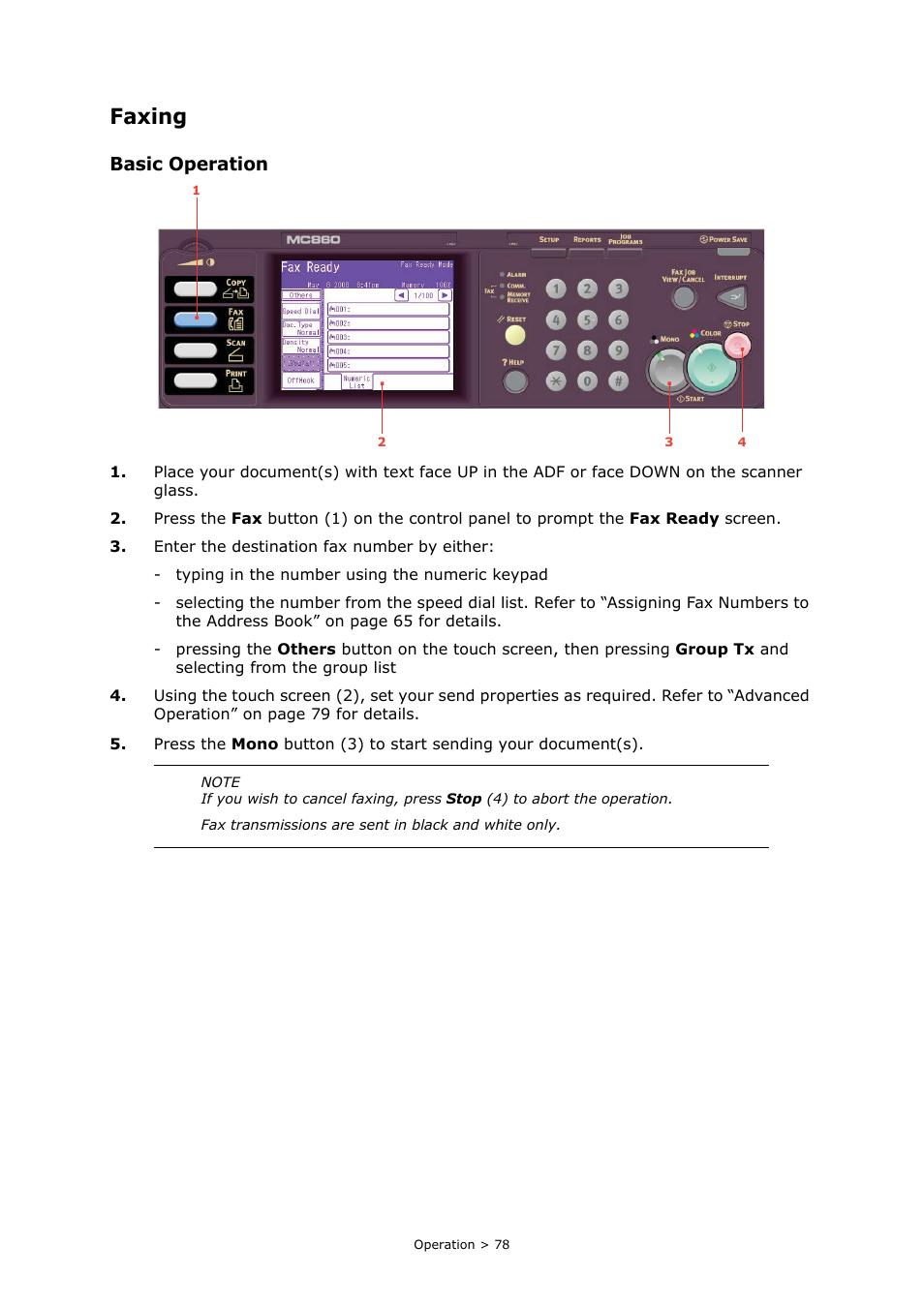 Faxing, Basic operation | Oki MC860n MFP User Manual | Page 78 / 180