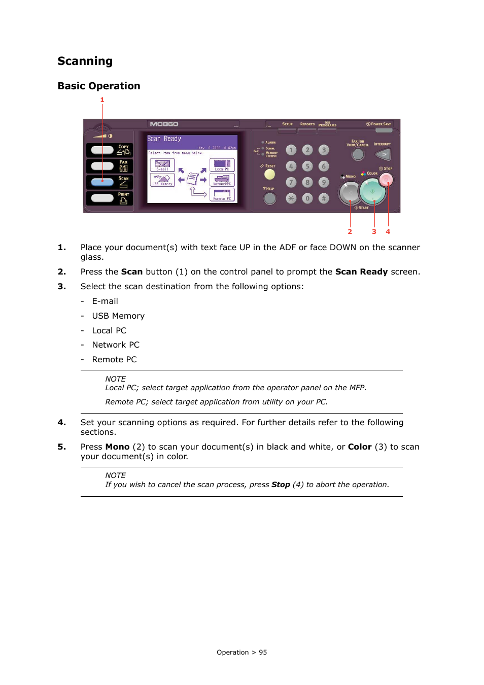 Scanning, Basic operation | Oki MC860n MFP User Manual | Page 95 / 180