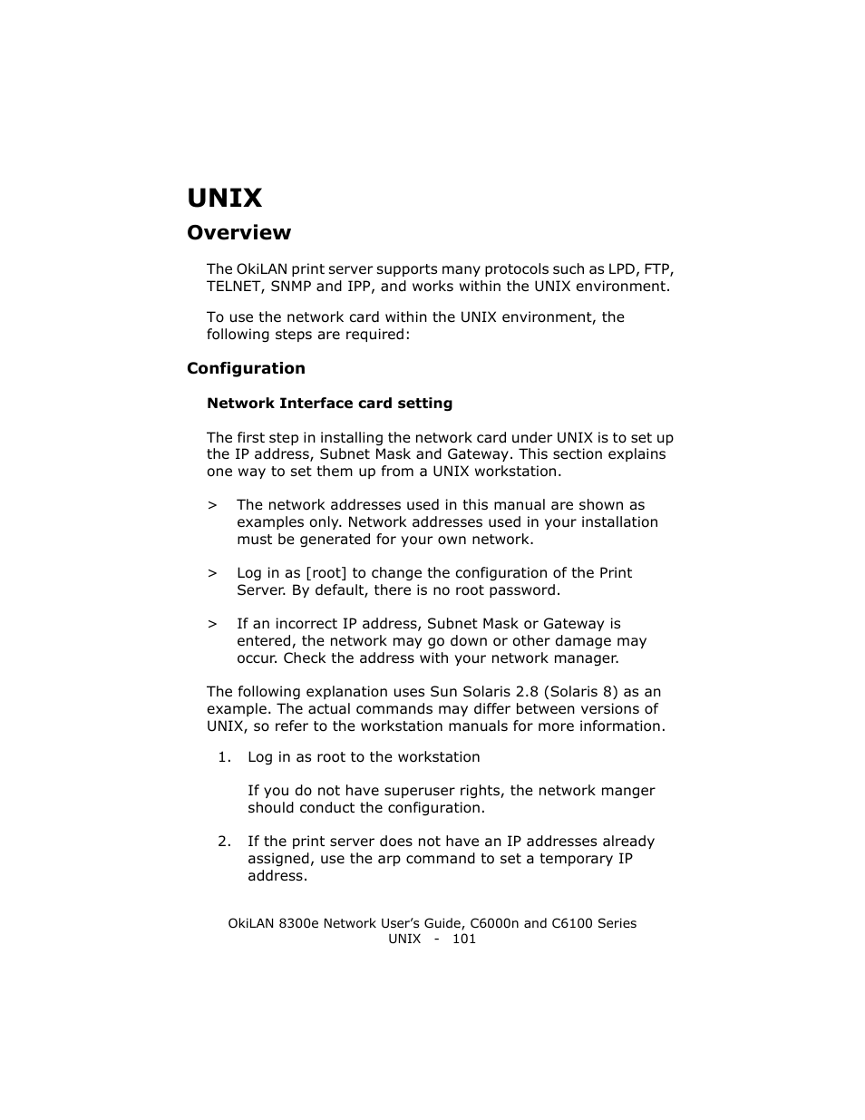 Unix, Overview, Configuration | Network interface card setting | Oki 8300E C6100 User Manual | Page 101 / 129