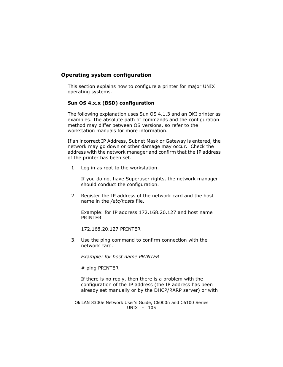Operating system configuration, Sun os 4.x.x (bsd) configuration | Oki 8300E C6100 User Manual | Page 105 / 129