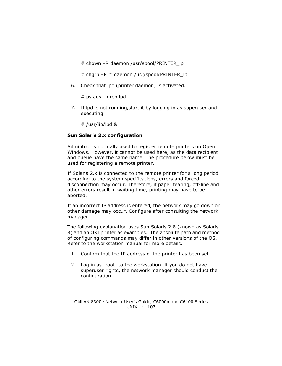 Sun solaris 2.x configuration | Oki 8300E C6100 User Manual | Page 107 / 129