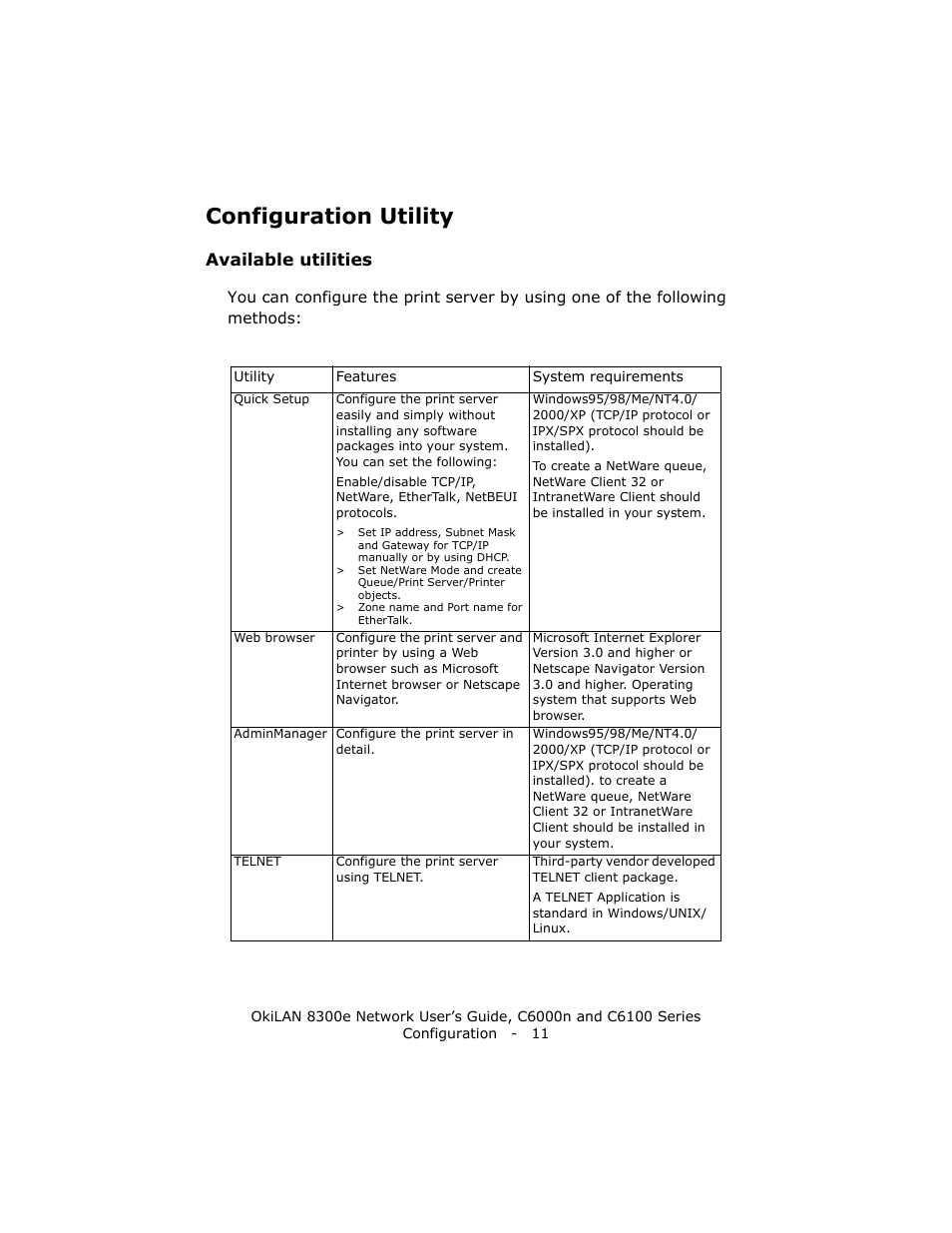 Configuration utility, Available utilities | Oki 8300E C6100 User Manual | Page 11 / 129