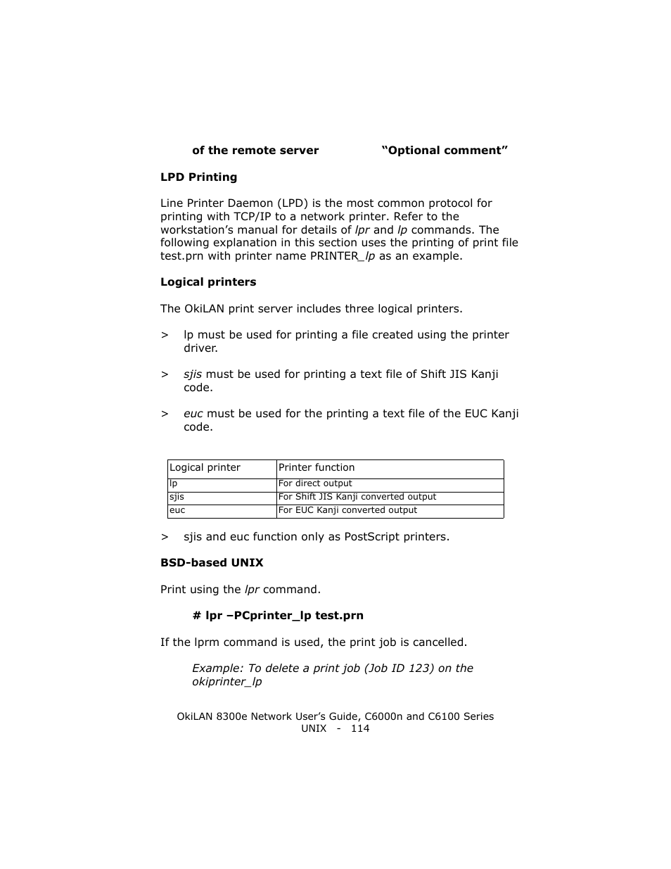 Lpd printing, Logical printers, Bsd-based unix | Oki 8300E C6100 User Manual | Page 114 / 129