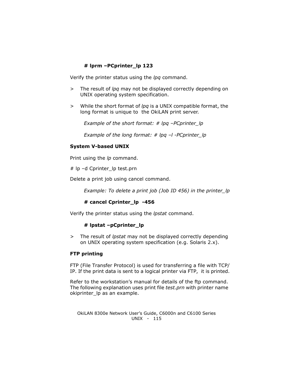 System v-based unix, Ftp printing | Oki 8300E C6100 User Manual | Page 115 / 129