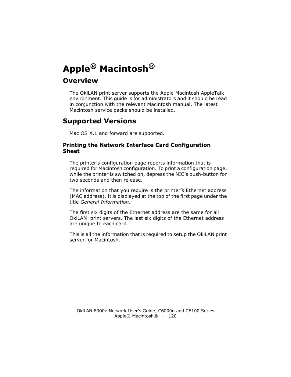 Apple® macintosh, Overview, Supported versions | Apple, Macintosh | Oki 8300E C6100 User Manual | Page 120 / 129