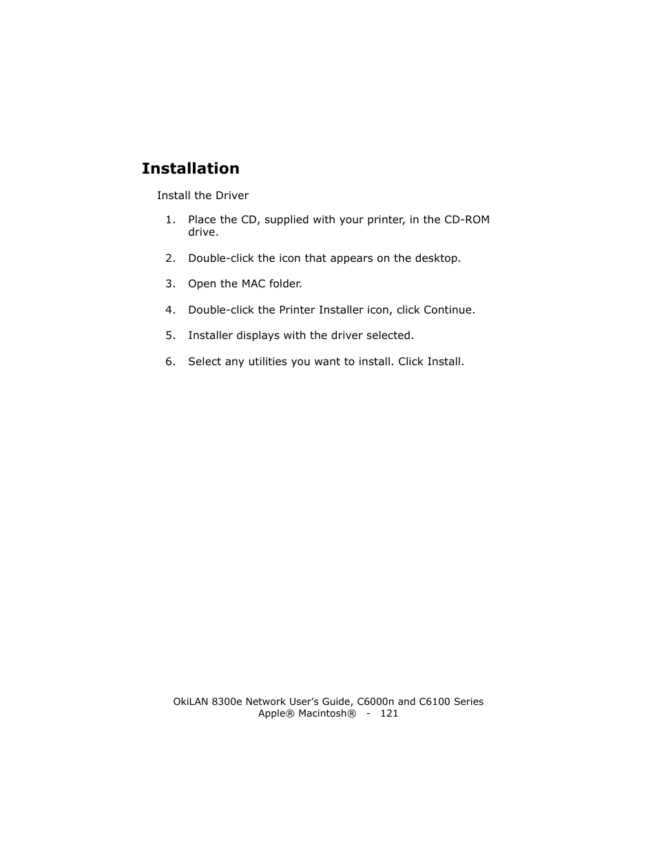 Installation | Oki 8300E C6100 User Manual | Page 121 / 129