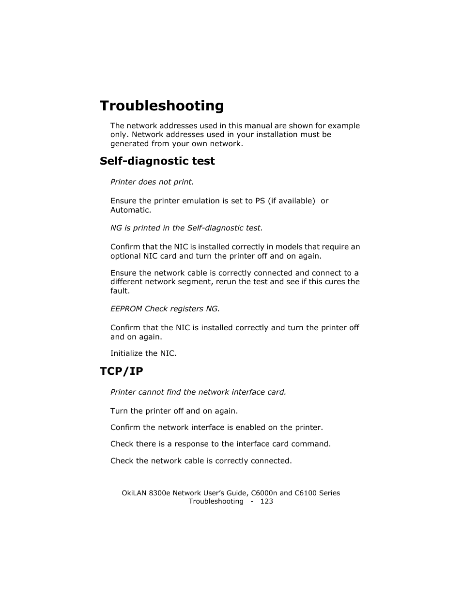 Troubleshooting, Self-diagnostic test, Tcp/ip | Oki 8300E C6100 User Manual | Page 123 / 129