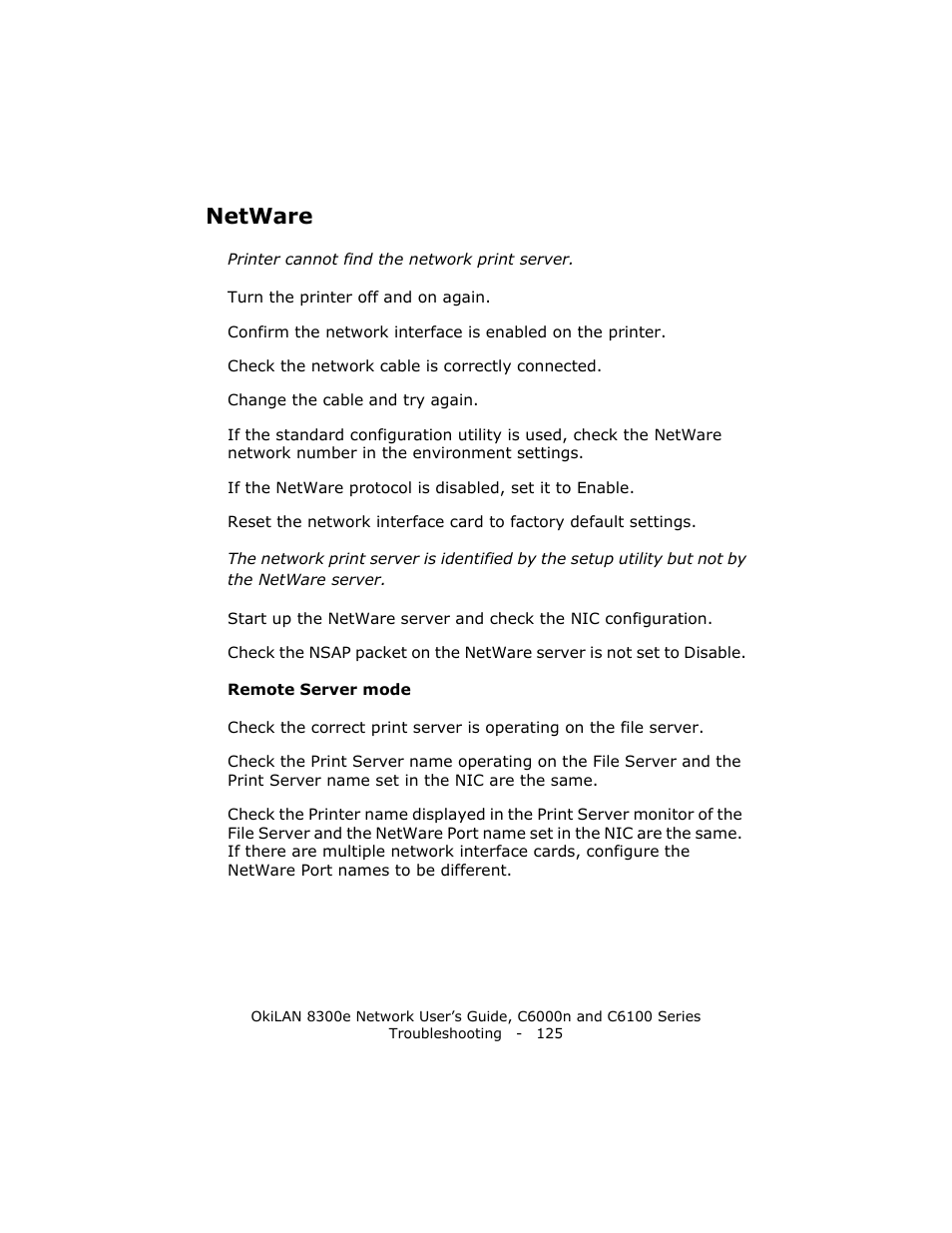 Netware, Remote server mode | Oki 8300E C6100 User Manual | Page 125 / 129