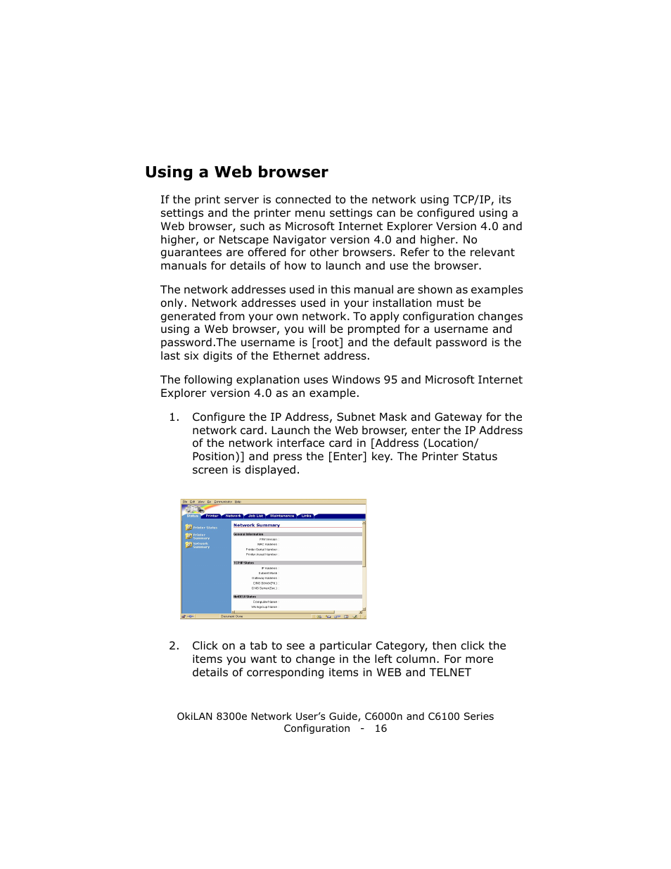 Using a web browser | Oki 8300E C6100 User Manual | Page 16 / 129