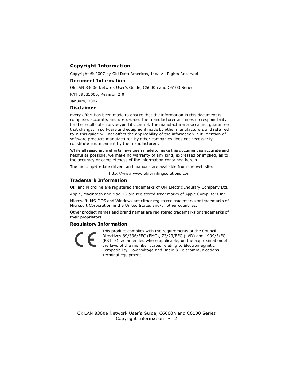 Copyright information, Document information, Disclaimer | Trademark information, Regulatory information | Oki 8300E C6100 User Manual | Page 2 / 129