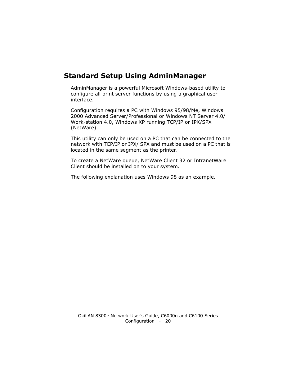 Standard setup using adminmanager | Oki 8300E C6100 User Manual | Page 20 / 129