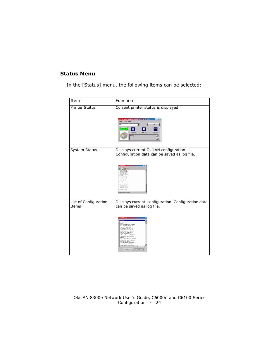 Status menu | Oki 8300E C6100 User Manual | Page 24 / 129