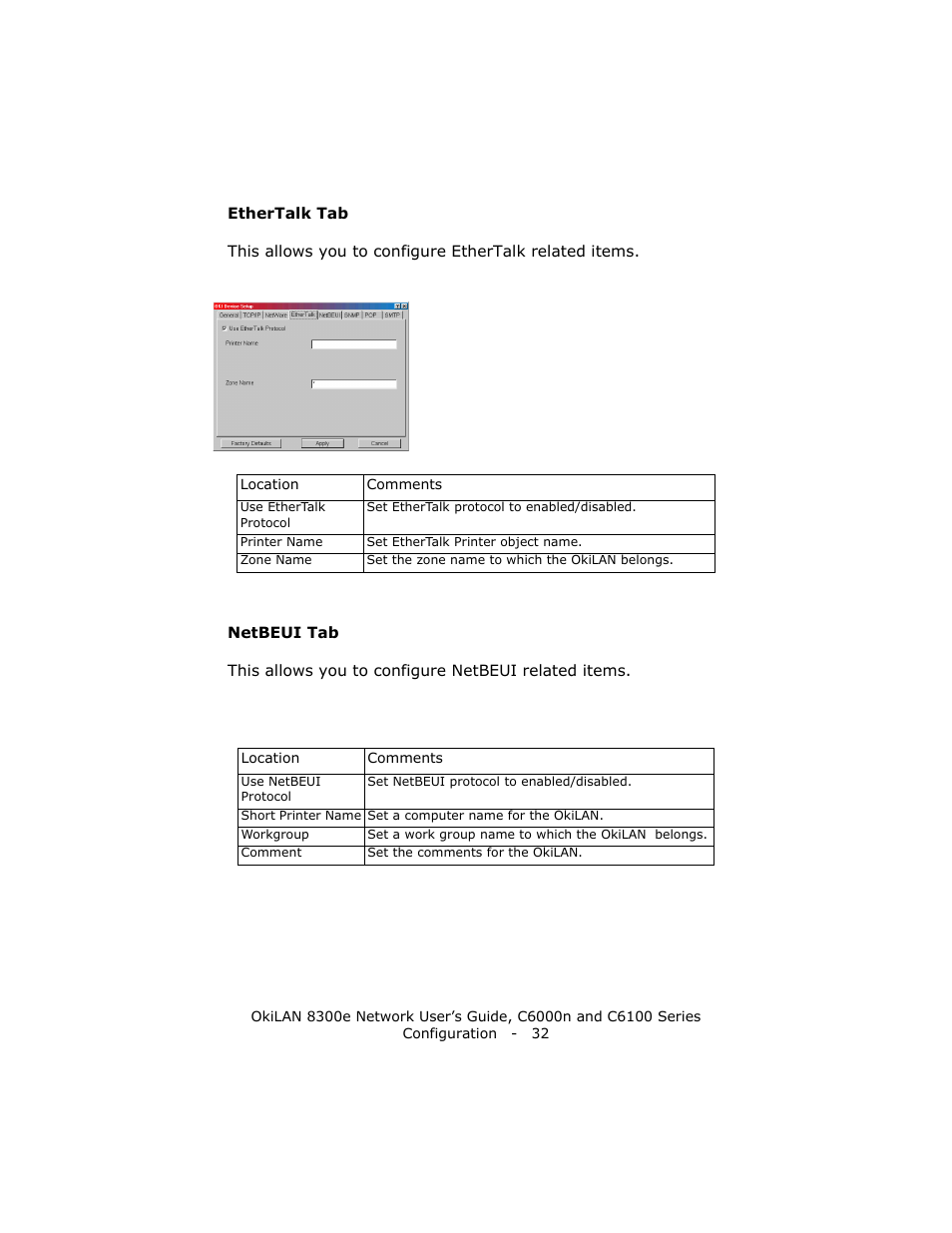 Ethertalk tab, Netbeui tab | Oki 8300E C6100 User Manual | Page 32 / 129