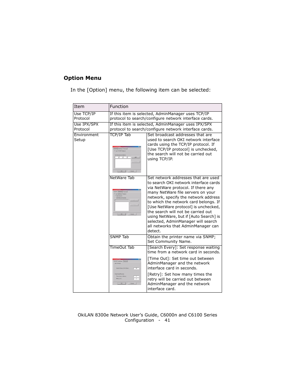 Option menu | Oki 8300E C6100 User Manual | Page 41 / 129