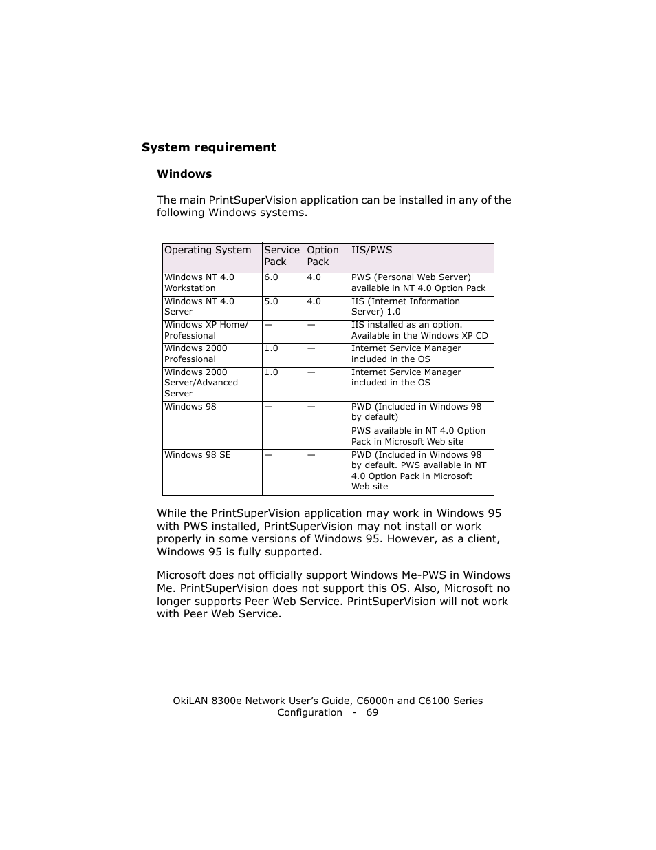 System requirement, Windows | Oki 8300E C6100 User Manual | Page 69 / 129