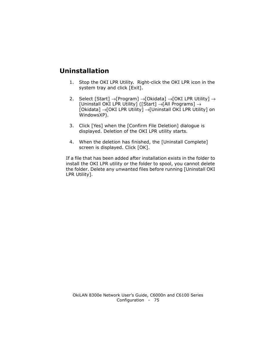 Uninstallation | Oki 8300E C6100 User Manual | Page 75 / 129