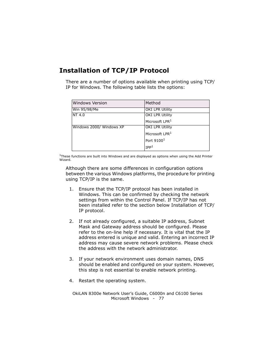 Installation of tcp/ip protocol | Oki 8300E C6100 User Manual | Page 77 / 129