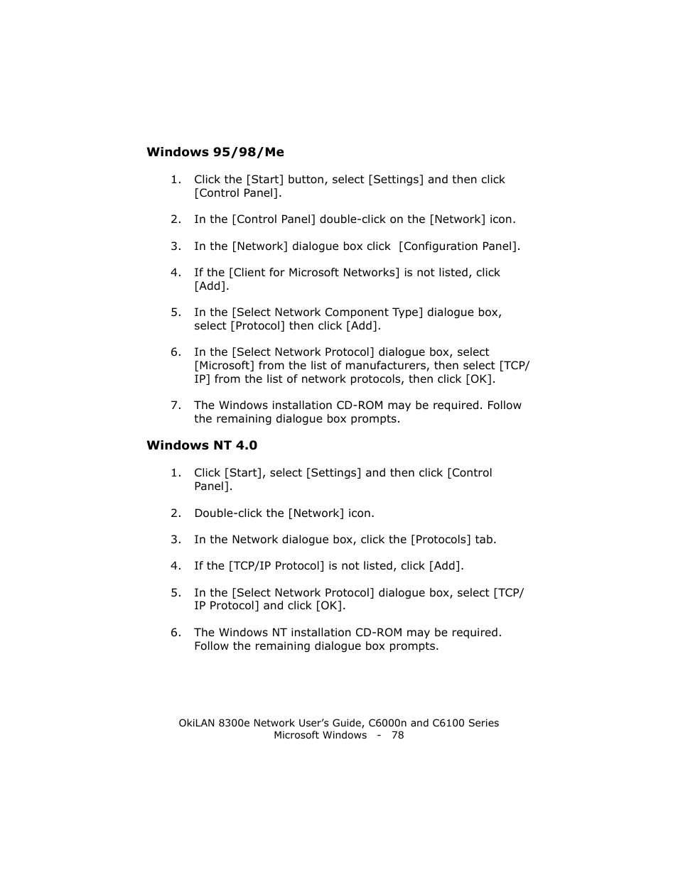 Windows 95/98/me, Windows nt 4.0 | Oki 8300E C6100 User Manual | Page 78 / 129