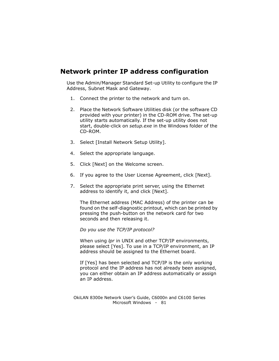 Network printer ip address configuration | Oki 8300E C6100 User Manual | Page 81 / 129