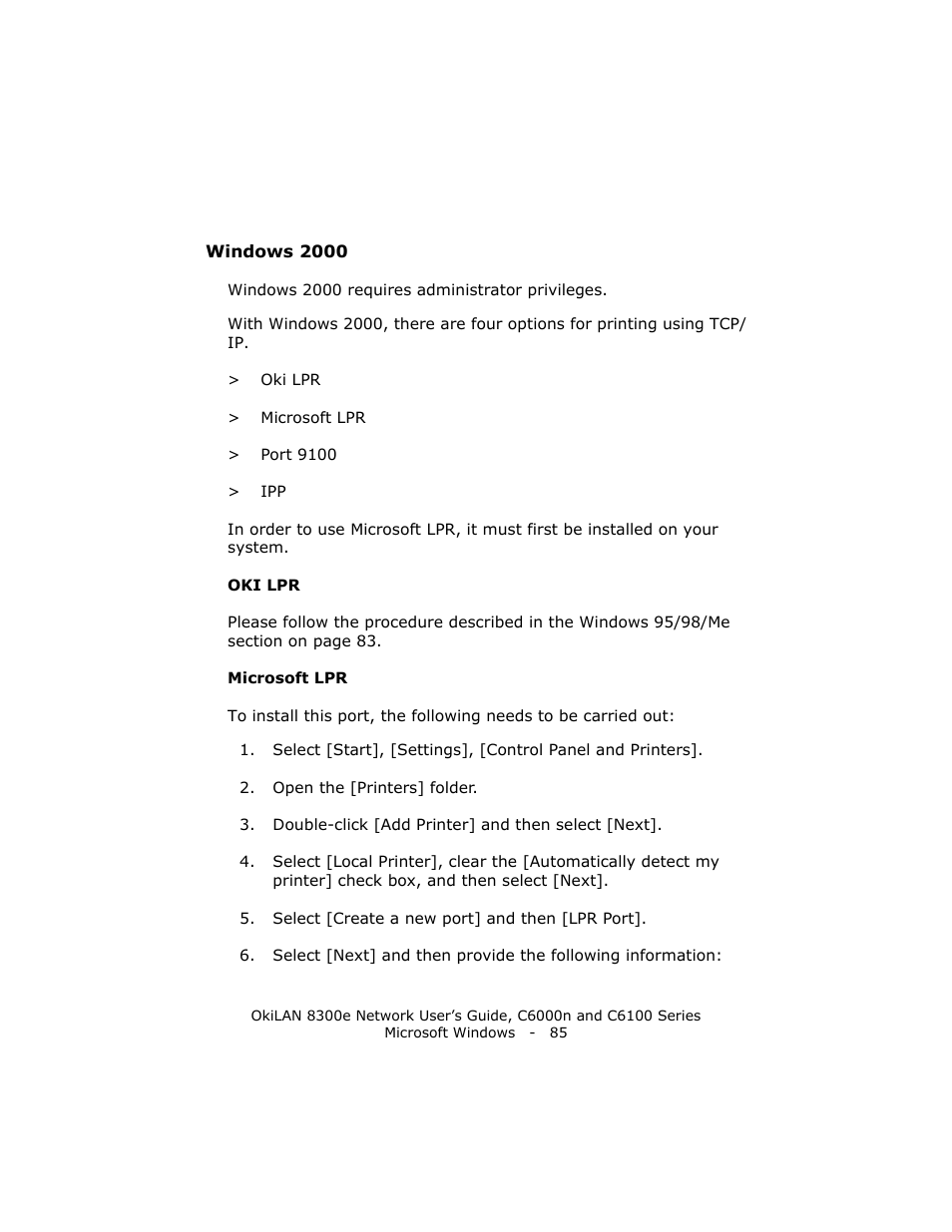 Windows 2000, Oki lpr, Microsoft lpr | Oki 8300E C6100 User Manual | Page 85 / 129