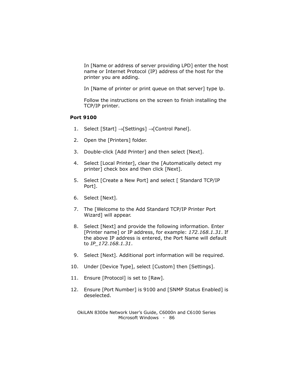 Port 9100 | Oki 8300E C6100 User Manual | Page 86 / 129