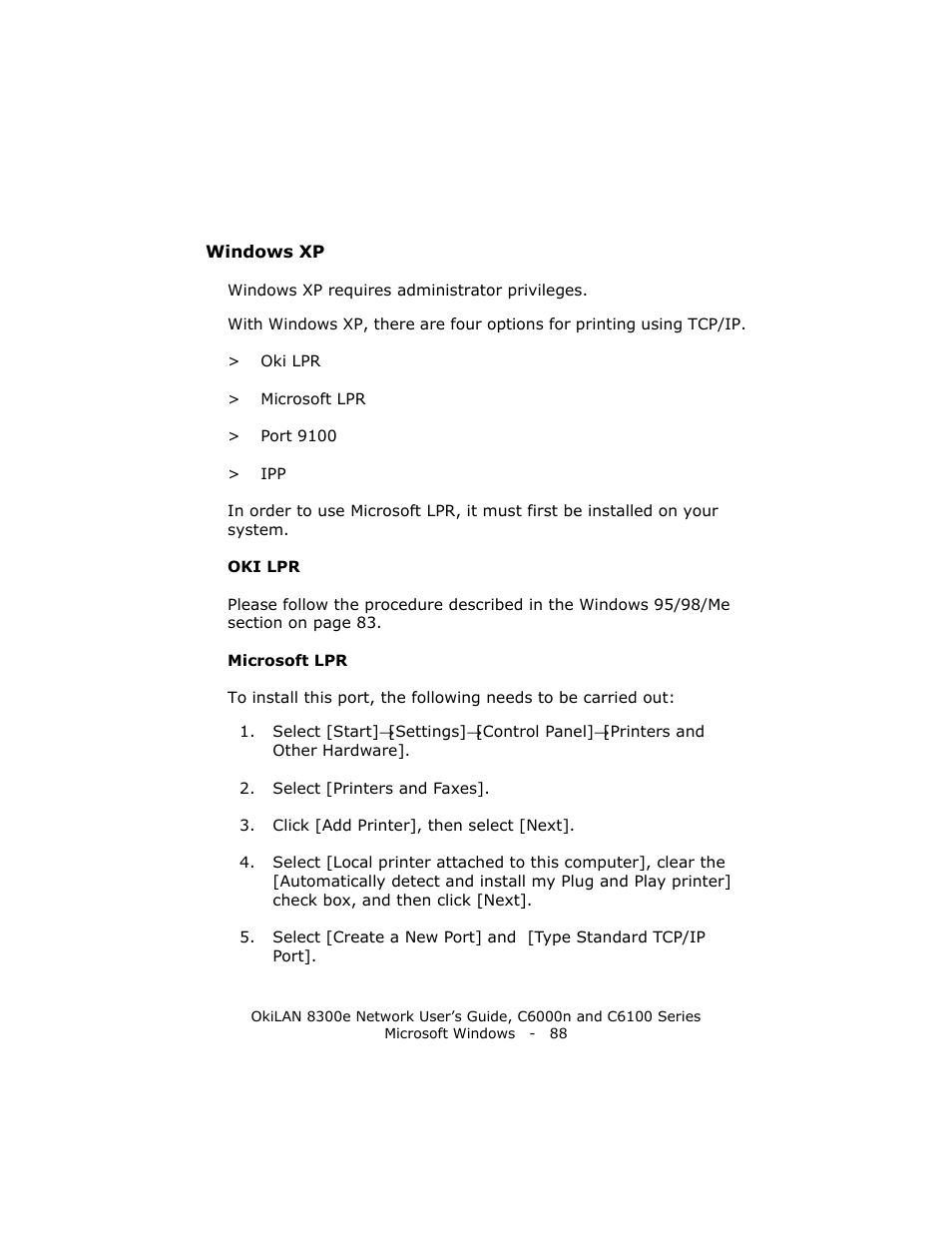 Windows xp, Oki lpr | Oki 8300E C6100 User Manual | Page 88 / 129