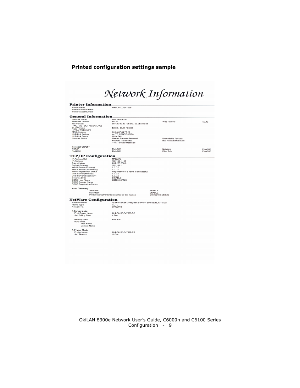 Printed configuration settings sample | Oki 8300E C6100 User Manual | Page 9 / 129