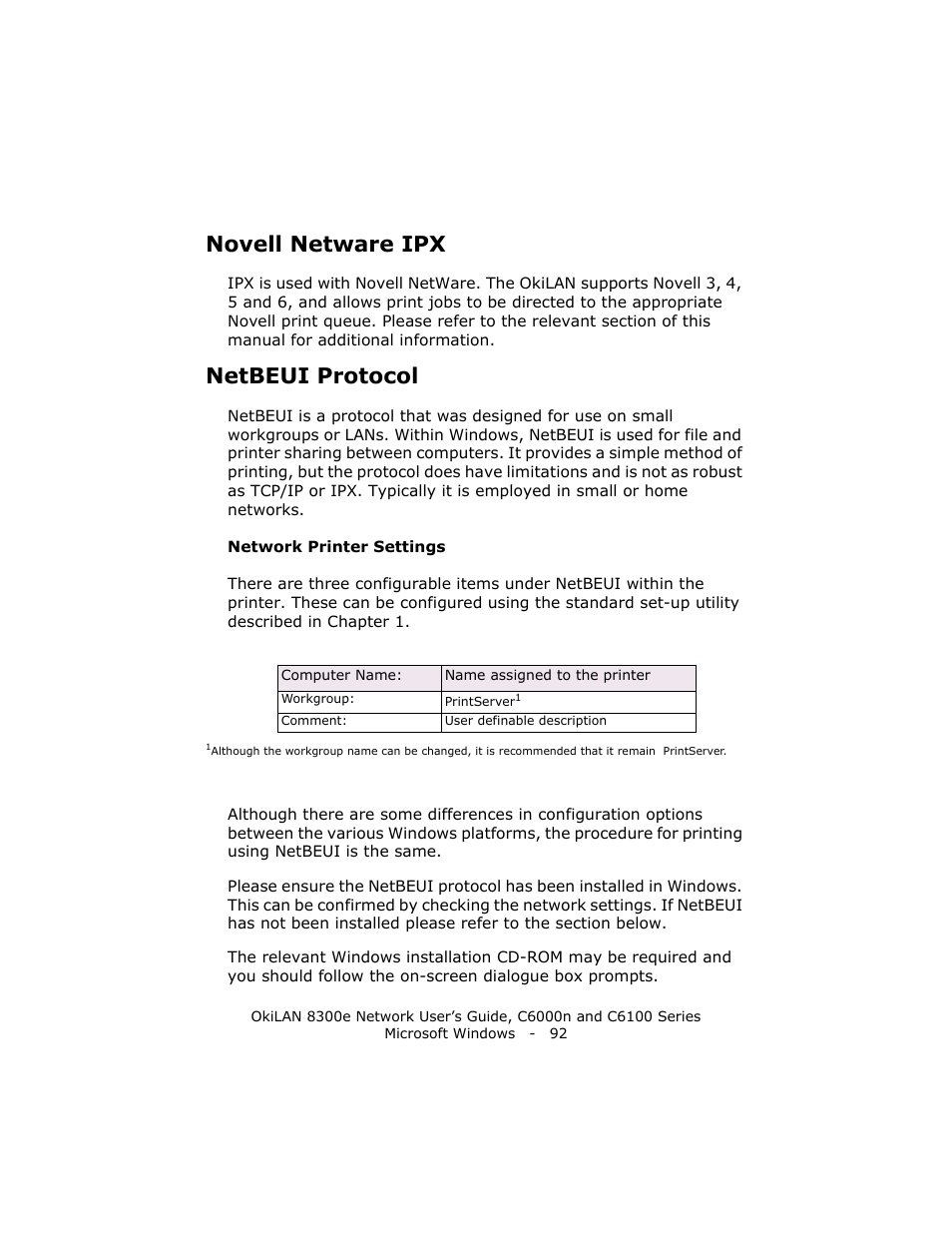 Novell netware ipx, Netbeui protocol, Network printer settings | Oki 8300E C6100 User Manual | Page 92 / 129