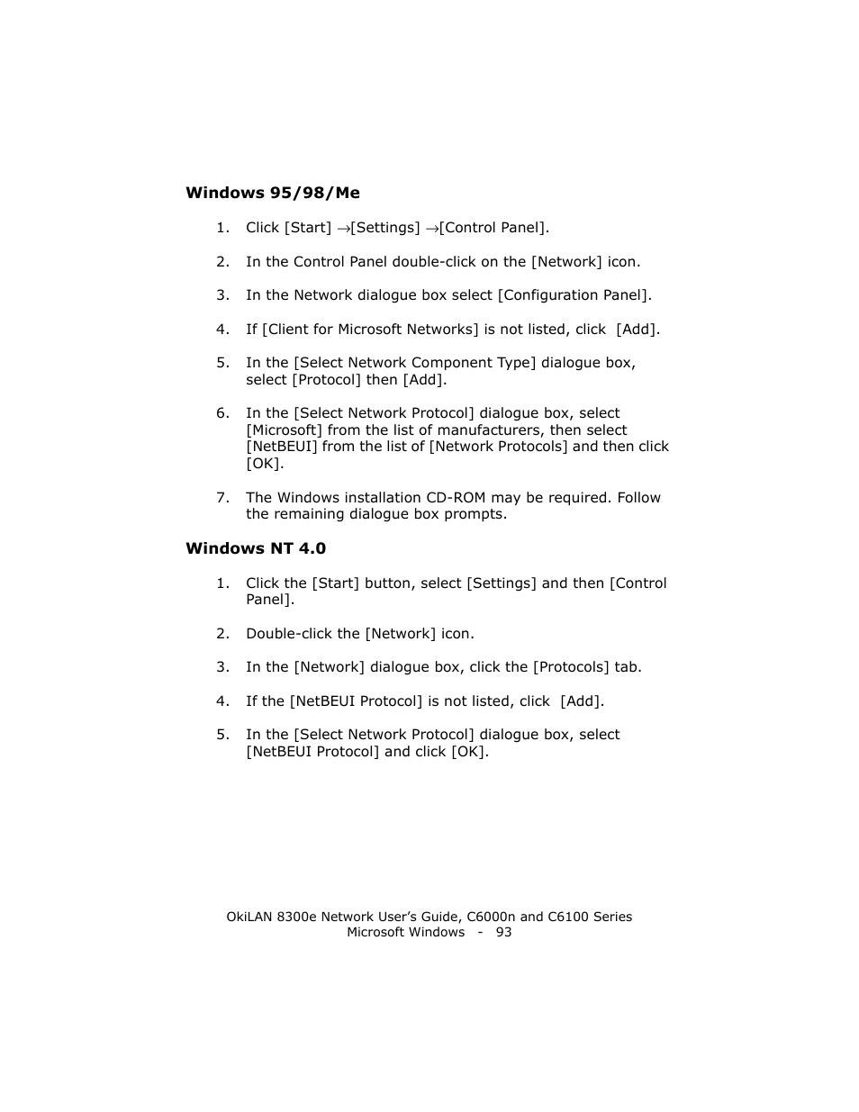 Windows 95/98/me, Windows nt 4.0 | Oki 8300E C6100 User Manual | Page 93 / 129
