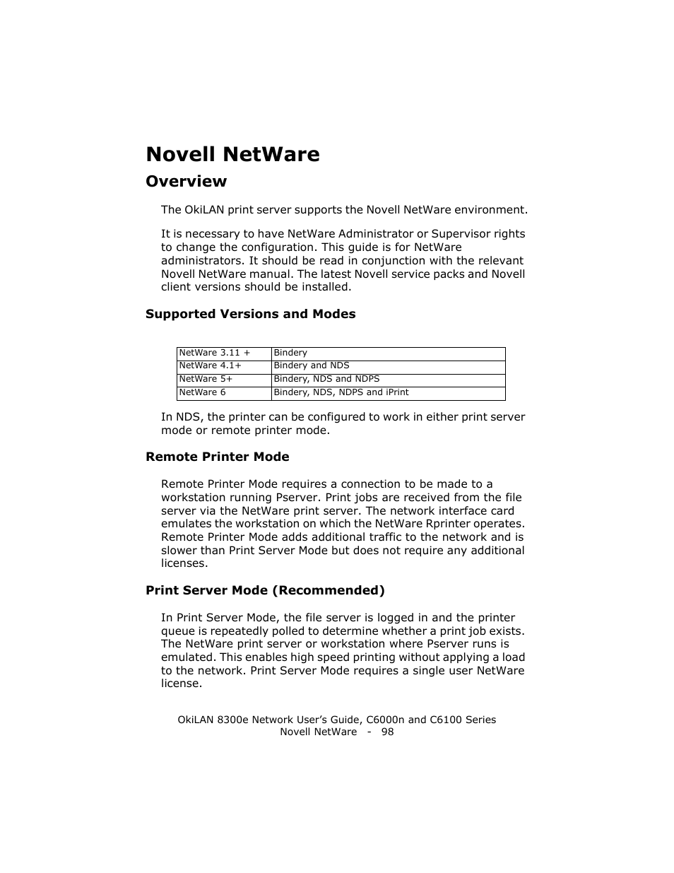 Novell netware, Overview, Supported versions and modes | Remote printer mode, Print server mode (recommended) | Oki 8300E C6100 User Manual | Page 98 / 129