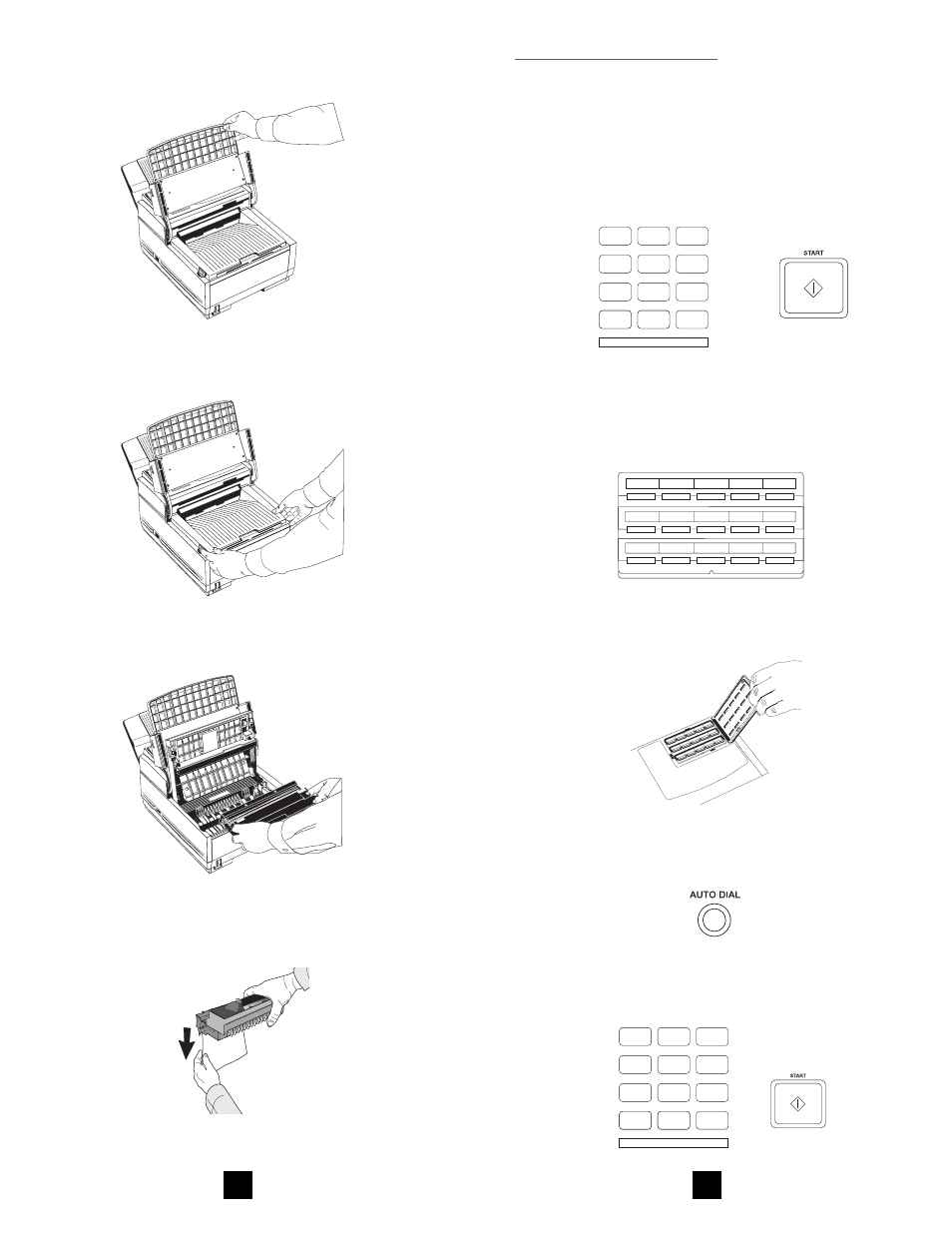 Faxing a document, Remove the protective sheet, Manual | One touch dialing, Auto dialing, Lift up the document table, Take out the image drum cartridge, Press the key for the fax number you want | Oki 5600 Plus User Manual | Page 4 / 6