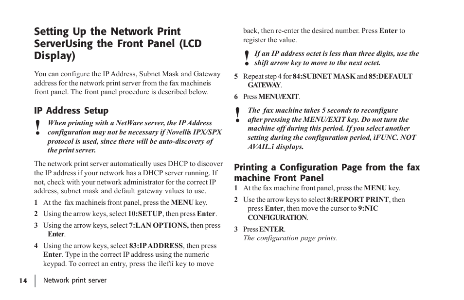 Ip address setup, Lcd display), Panel | Oki lan 7100e+ User Manual | Page 14 / 50