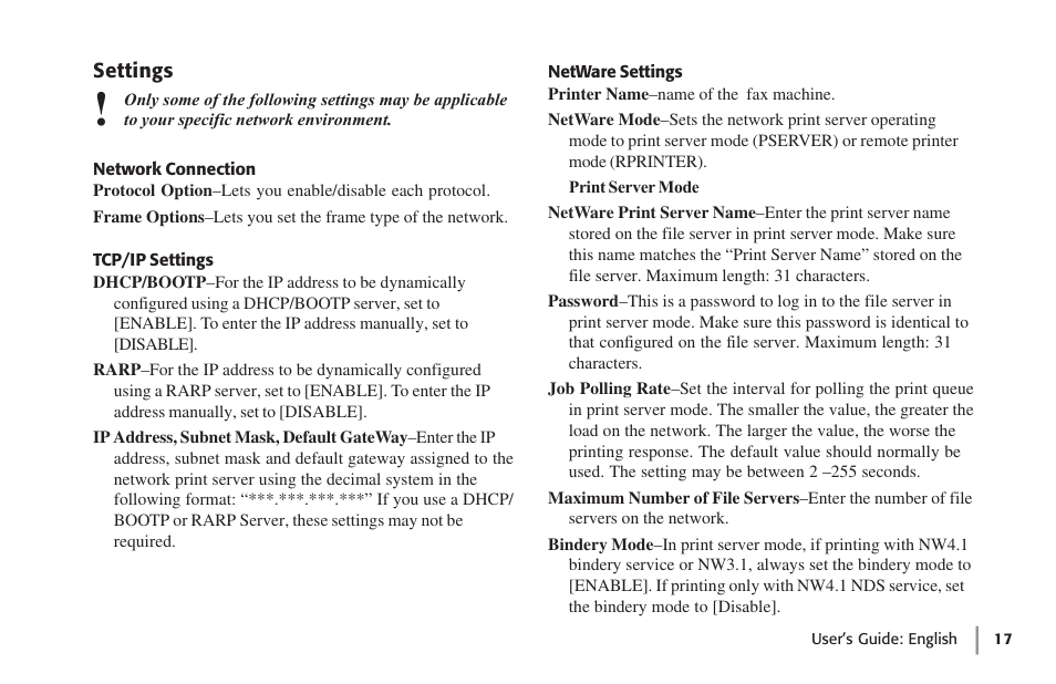 Settings, Network connection, Tcp/ip settings | Netware settings | Oki lan 7100e+ User Manual | Page 17 / 50