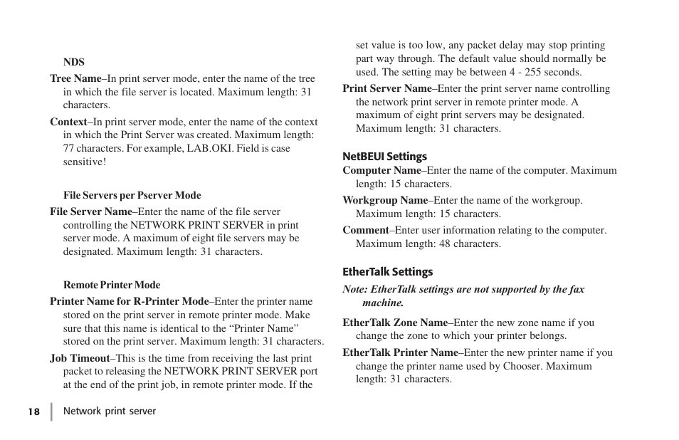 Netbeui settings, Ethertalk settings, Netbeui settings ethertalk settings | Oki lan 7100e+ User Manual | Page 18 / 50