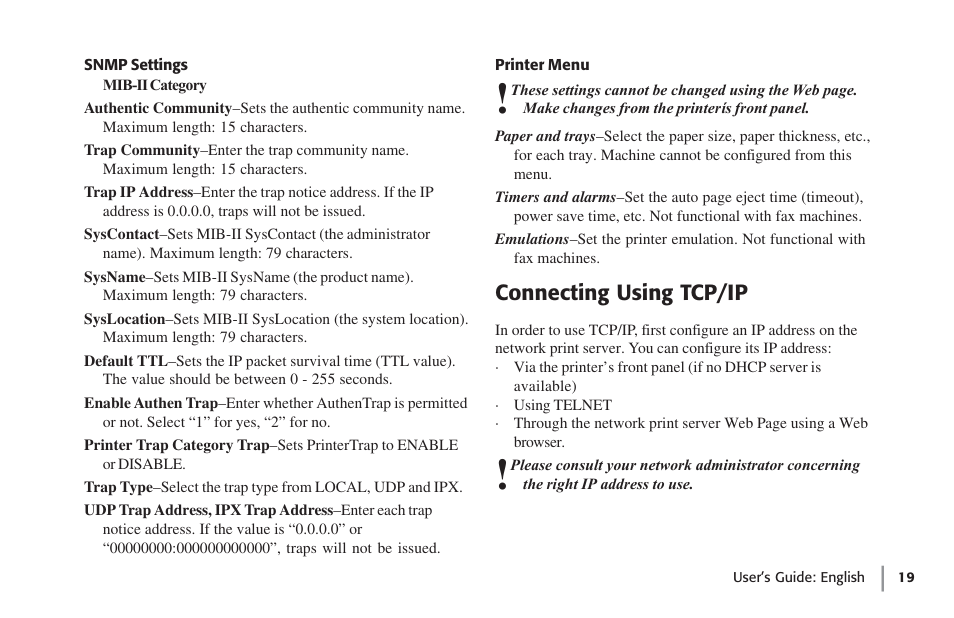 Snmp settings, Printer menu, Connecting using tcp/ip | Snmp settings printer menu | Oki lan 7100e+ User Manual | Page 19 / 50