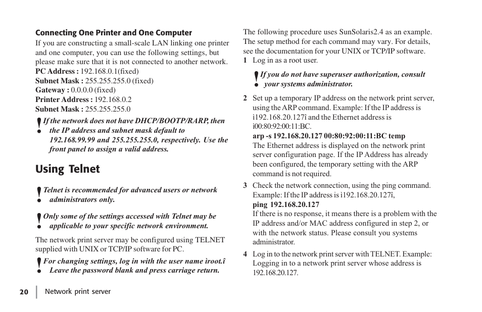 Connecting one printer and one computer, Using telnet | Oki lan 7100e+ User Manual | Page 20 / 50