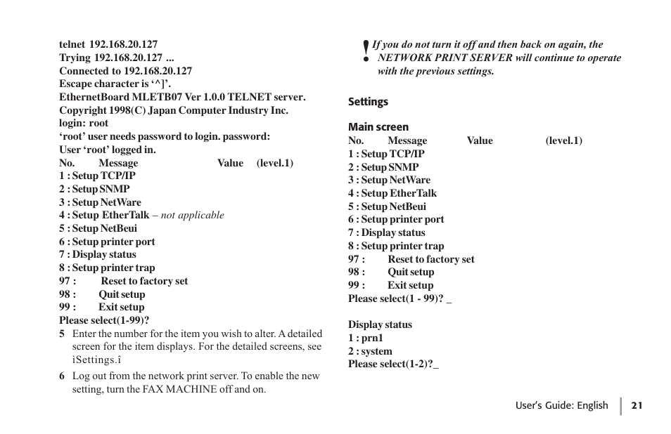 Settings, Main screen, Settings main screen | Oki lan 7100e+ User Manual | Page 21 / 50