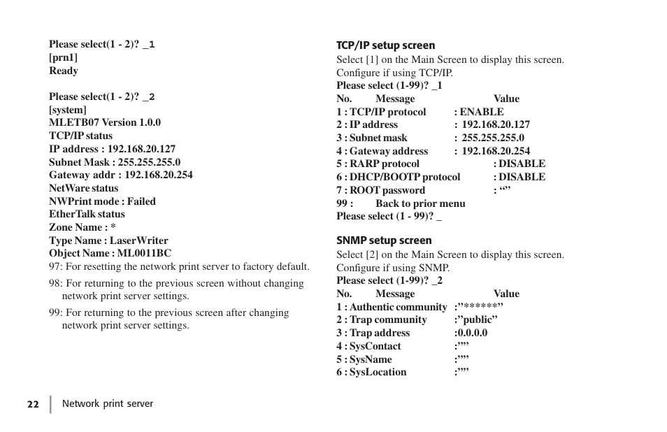 Tcp/ip setup screen, Snmp setup screen, Tcp/ip setup screen snmp setup screen | Oki lan 7100e+ User Manual | Page 22 / 50