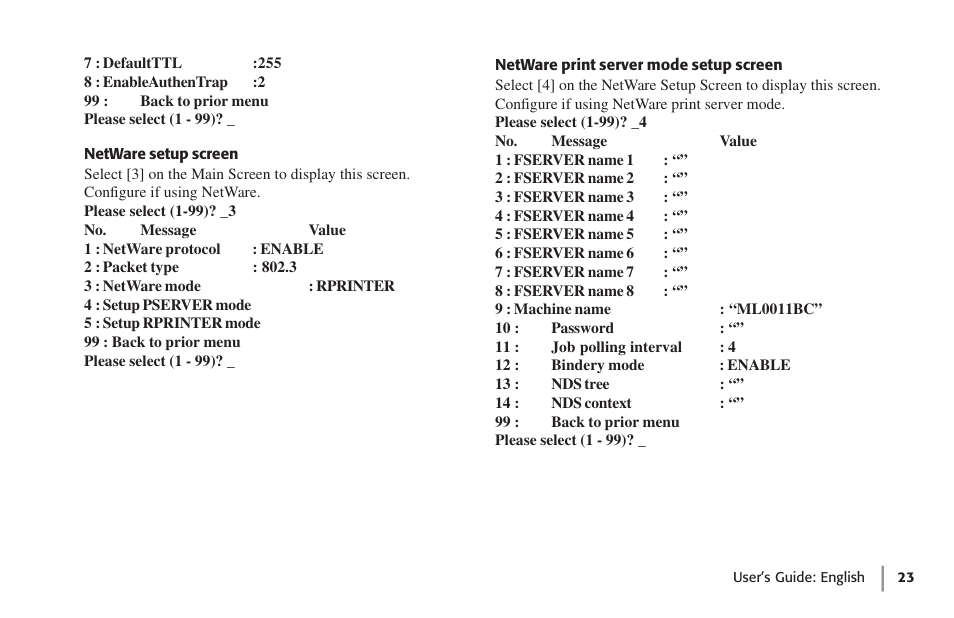 Netware setup screen, Netware print server mode setup screen | Oki lan 7100e+ User Manual | Page 23 / 50