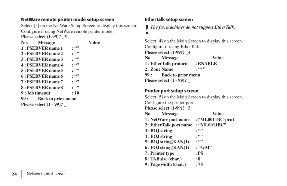 Netware remote printer mode setup screen, Ethertalk setup screen, Printer port setup screen | Oki lan 7100e+ User Manual | Page 24 / 50