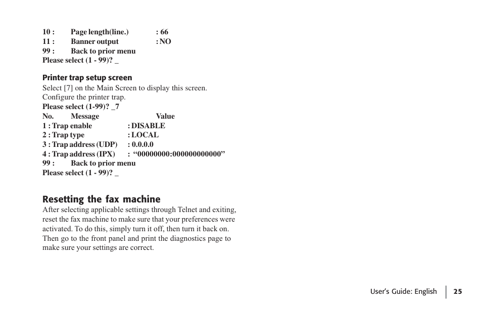 Printer trap setup screen, Resetting the fax machine | Oki lan 7100e+ User Manual | Page 25 / 50