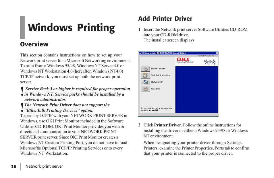 Windows printing, Overview, Add printer driver | Windows printing 6, Overview add printer driver | Oki lan 7100e+ User Manual | Page 26 / 50