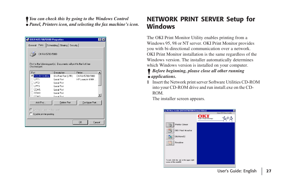 Network print server setup for windows | Oki lan 7100e+ User Manual | Page 27 / 50