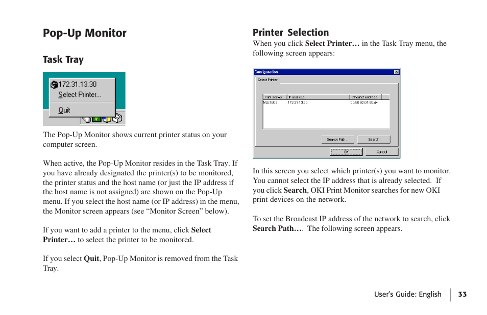 Pop-up monitor, Task tray, Printer selection | Task tray printer selection | Oki lan 7100e+ User Manual | Page 33 / 50