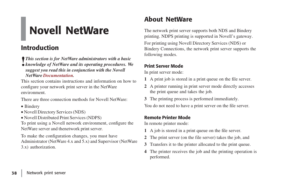 Novell netware, Introduction, About netware | Print server mode, Remote printer mode, Novell netware 8, Introduction about netware, Print server mode remote printer mode, Overview | Oki lan 7100e+ User Manual | Page 38 / 50