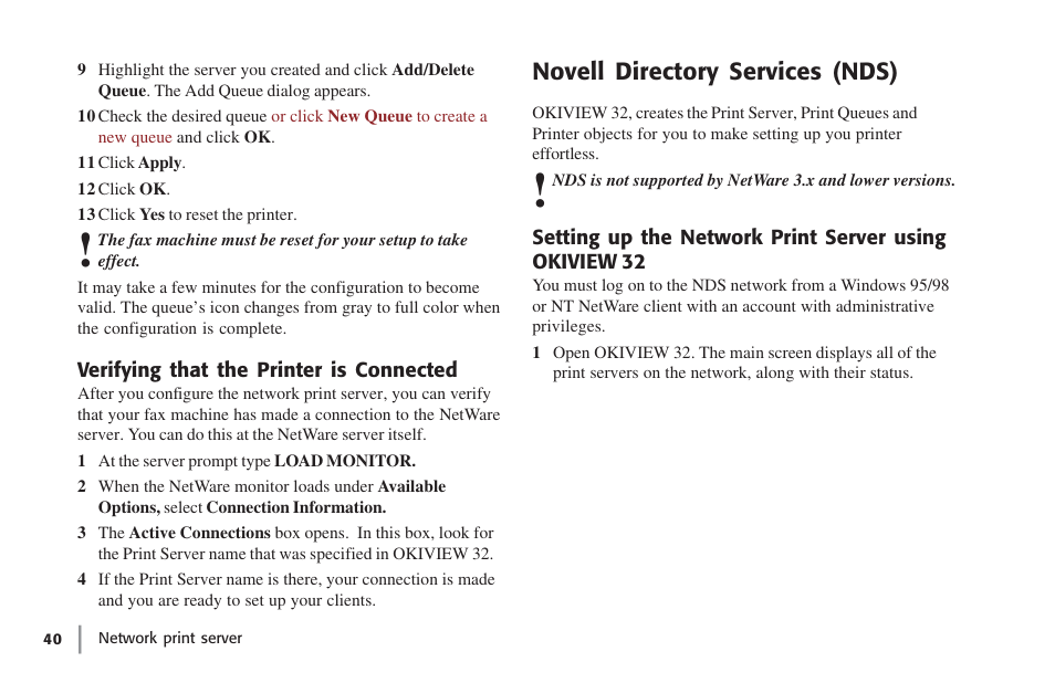 Verifying that the printer is connected, Novell directory services (nds) | Oki lan 7100e+ User Manual | Page 40 / 50