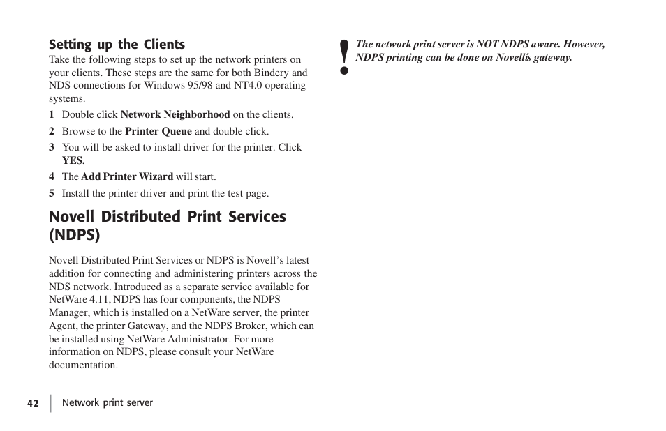 Setting up the clients, Novell distributed print services (ndps), Troubleshooting | Oki lan 7100e+ User Manual | Page 42 / 50