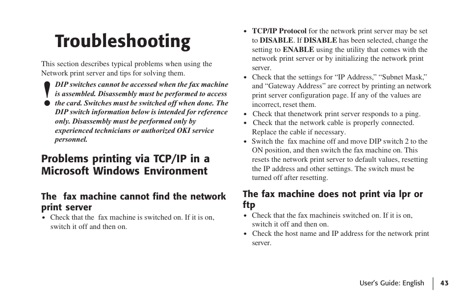 Troubleshooting, The fax machine does not print via lpr or ftp, Troubleshooting 3 | Environment | Oki lan 7100e+ User Manual | Page 43 / 50