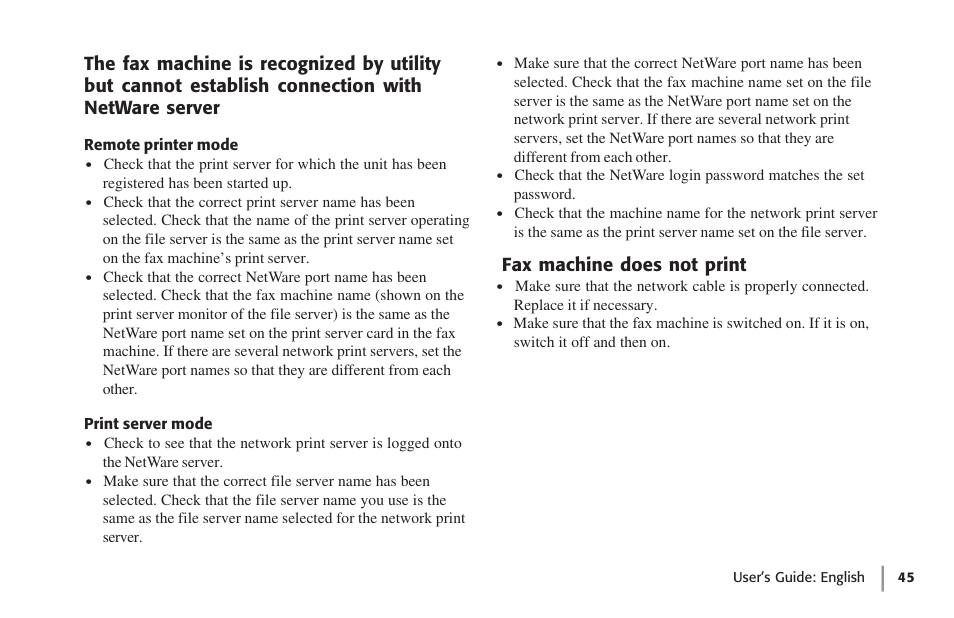 Fax machine does not print, Establish connection with netware server | Oki lan 7100e+ User Manual | Page 45 / 50